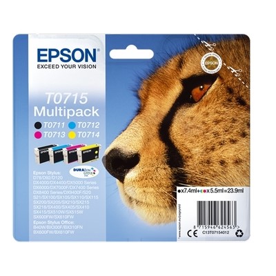 Epson T0715 - Pack x 4 jet d'encre authentique C13T07154012 - Black Cyan Magenta Yellow
