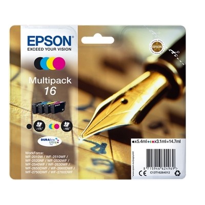 Epson T1626 - Pack x 4 jet d'encre authentique C13T16264012 - Black Cyan Magenta Yellow
