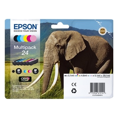 Epson T2428 - Pack x 6 jet d'encre authentique C13T24284011 - Black Cyan Magenta Yellow